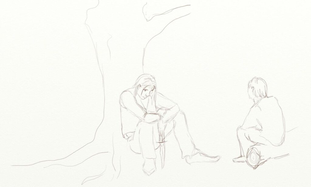 A pencil sketch of a man sitting, his back to a tree, holding a knife between his knees and looking down. Facing him (her back to us) is a woman with short hair (could look like a boy), siting on a fallen log.