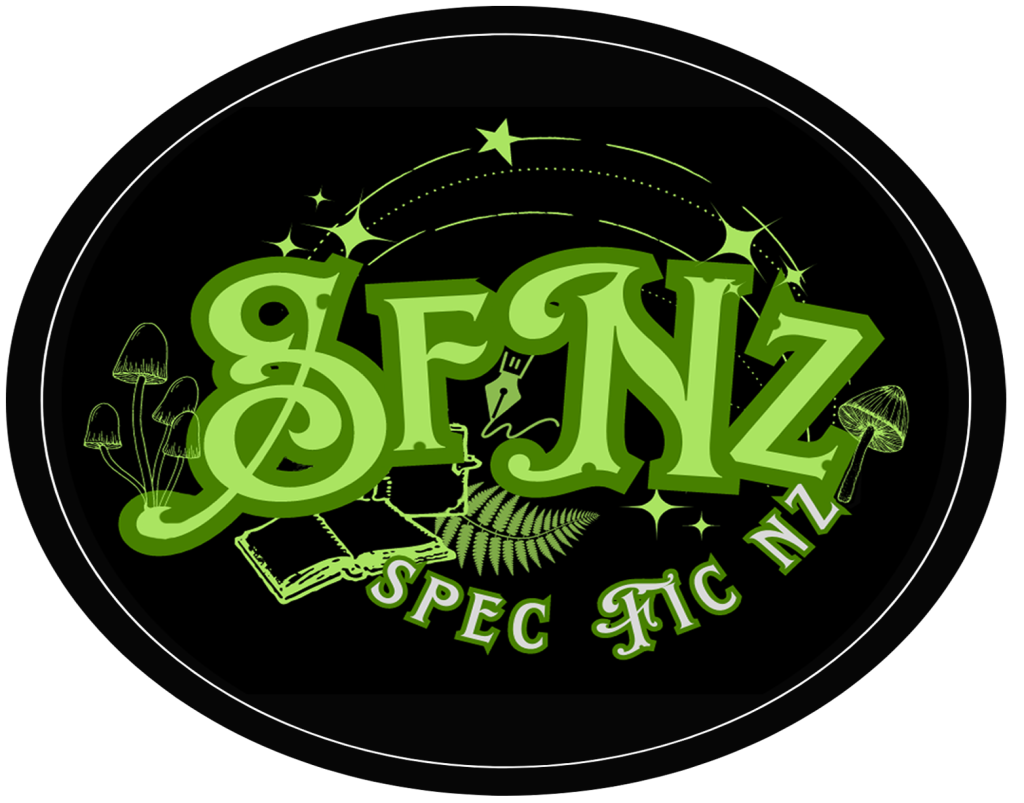 SpecFicNZ Logo, green text & imagery on a black background, with an open book, starts, mushrooms and plants.